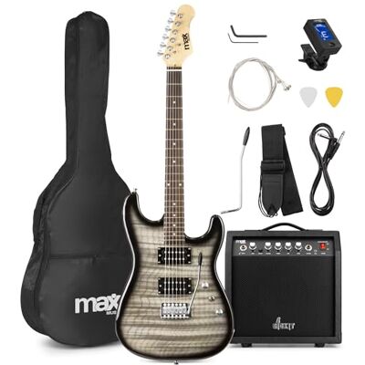 MAX GigKit E-Gitarre Quilted Style mit Verstärker Schwarz mit Tasche, Plektrum, Stimmgerät, Kabel, Ersatzsaiten, Gurt, 22 Bünde, Elektrogitarre, Tonabnehmer, Singlecoil, Electric MAX GigKit E-Gitarre Quilted Style mit Verstärker Schwarz mit Tasche, Plektrum, Stimmgerät, Kabel, Ersatzsaiten, Gurt, 22 Bünde, Elektrogitarre, Tonabnehmer, Singlecoil, Electric