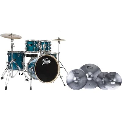 Fame Jungle Drum-Set, Komplettset, 16" Ahorn BassDrum, Reflex Becken, CBS4000 Ständer, TTBL Practice Pad, Türkis Chrom Hardware, inkl. Tomhalter, Zubehör Fame Jungle Drum-Set, Komplettset, 16" Ahorn BassDrum, Reflex Becken, CBS4000 Ständer, TTBL Practice Pad, Türkis Chrom Hardware, inkl. Tomhalter, Zubehör