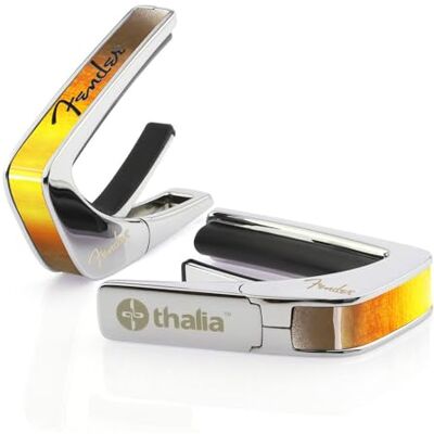 Thalia Fender by Gitarren Kapodaster, offizielles Lizenzprodukt, Sunburst mit schwarzem Spaghetti-Logo Thalia Fender by Gitarren Kapodaster, offizielles Lizenzprodukt, Sunburst mit schwarzem Spaghetti-Logo