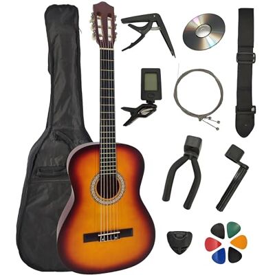 Amrova Set Konzertgitarre 4/4 Erwachsene Rechtshänder + 10 Zubehörteile – Nylonsaiten, gestimmt geliefert (Sunburst, 4/4, Rechtshänder) Amrova Set Konzertgitarre 4/4 Erwachsene Rechtshänder + 10 Zubehörteile – Nylonsaiten, gestimmt geliefert (Sunburst, 4/4, Rechtshänder)