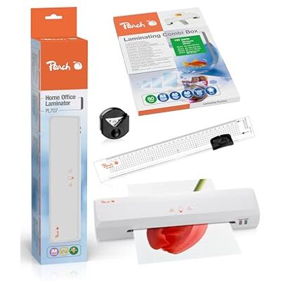 Peach 4 in 1 Laminierset inklusive Laminiergerät, Eckenrunder, Rollenschneider und Folien für Heim und Büro geeignet für alle handelsüblichen Folien in allen Größen bis max. A4, Weiß PBP300 Peach 4 in 1 Laminierset inklusive Laminiergerät, Eckenrunder, Rollenschneider und Folien für Heim und Büro geeignet für alle handelsüblichen Folien in allen Größen bis max. A4, Weiß PBP300