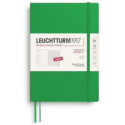 LEUCHTTURM1917 Wochenkalender 2027 Medium (A5) mit Notizbuch, liniert Terminplaner Englisch, Spring Leaf, Softcover, 145 x 210 mm, Januar-Dezember 2027, Wochenübersicht links + Notizseite rechts LEUCHTTURM1917 Wochenkalender 2027 Medium (A5) mit Notizbuch, liniert Terminplaner Englisch, Spring Leaf, Softcover, 145 x 210 mm, Januar-Dezember 2027, Wochenübersicht links + Notizseite rechts