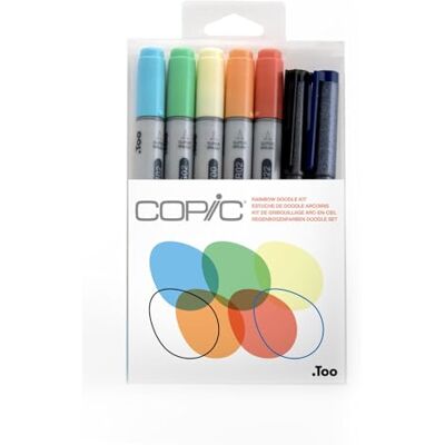 Copic Ciao Set "Rainbow Doodle Kit", 7er Set mit 5 Twin Marker mit einer mittelbreiten und einer Brush-Spitze inkl. 2 Multiliner Cobalt und Black 0,3 mm, Regenbogen Copic Ciao Set "Rainbow Doodle Kit", 7er Set mit 5 Twin Marker mit einer mittelbreiten und einer Brush-Spitze inkl. 2 Multiliner Cobalt und Black 0,3 mm, Regenbogen