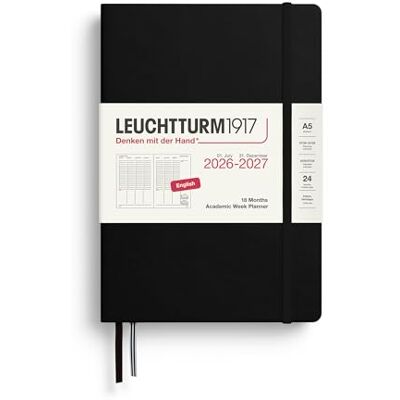LEUCHTTURM1917 Wochenplaner 2027 Medium (A5) Englisch, Schwarz, 210 x 145 mm, Juli-Dezember (18 Monate), Wochenübersicht mit Stundenraster 7:00-22:00 je Spalte, Hardcover, 80 g/m² Papier LEUCHTTURM1917 Wochenplaner 2027 Medium (A5) Englisch, Schwarz, 210 x 145 mm, Juli-Dezember (18 Monate), Wochenübersicht mit Stundenraster 7:00-22:00 je Spalte, Hardcover, 80 g/m² Papier