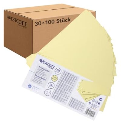 Westcott Trennstreifen 100 Stück Pastellgelb (30er-Pack) Robuste Heftstreifen 190g/m² für A4 Ordner Trennblätter 10,5 x 24 cm Register 2-fach-Lochung für DIN-A4 Dokumente E-733318 00 Westcott Trennstreifen 100 Stück Pastellgelb (30er-Pack) Robuste Heftstreifen 190g/m² für A4 Ordner Trennblätter 10,5 x 24 cm Register 2-fach-Lochung für DIN-A4 Dokumente E-733318 00