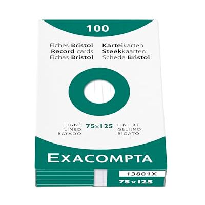 Exacompta 13801X Karteikarten, liniert, ungelocht, Format 75 x 125 mm, 10 Packungen à 100 Stück, weiß Exacompta 13801X Karteikarten, liniert, ungelocht, Format 75 x 125 mm, 10 Packungen à 100 Stück, weiß