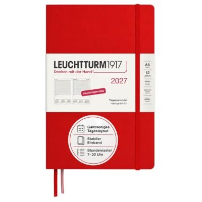 LEUCHTTURM1917 Tageskalender 2027 Medium (A5) Deutsch, Cherry, 145 x 210 mm, Januar-Dezember (12 Monate), 1 Seite pro Tag, Stundenraster 7:00-22:00, Hardcover, 80 g/m² Papier LEUCHTTURM1917 Tageskalender 2027 Medium (A5) Deutsch, Cherry, 145 x 210 mm, Januar-Dezember (12 Monate), 1 Seite pro Tag, Stundenraster 7:00-22:00, Hardcover, 80 g/m² Papier