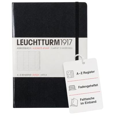 LEUCHTTURM1917 330862 Adressbuch (A-Z Register, Medium, A5) schwarz Je 4 Seiten pro Buchstabe, 128 nummerierte Seiten, Fadenheftung, Lesezeichen, Verschlussgummi LEUCHTTURM1917 330862 Adressbuch (A-Z Register, Medium, A5) schwarz Je 4 Seiten pro Buchstabe, 128 nummerierte Seiten, Fadenheftung, Lesezeichen, Verschlussgummi
