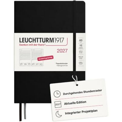 LEUCHTTURM1917 Tageskalender 2027 Medium (A5) Deutsch, Schwarz, 145 x 210 mm, Januar-Dezember (12 Monate), 1 Seite pro Tag, Stundenraster 7:00-22:00, Hardcover, 80 g/m² Papier LEUCHTTURM1917 Tageskalender 2027 Medium (A5) Deutsch, Schwarz, 145 x 210 mm, Januar-Dezember (12 Monate), 1 Seite pro Tag, Stundenraster 7:00-22:00, Hardcover, 80 g/m² Papier