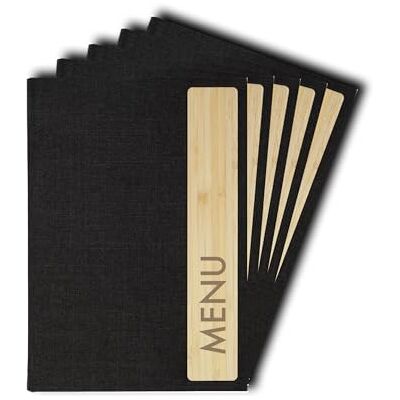 Sigel SM221/5 Speisekarten-Mappe A5 "Menu" mit Gummi-Bindung, 5er Pack, strapazierfähiger und wasserabweisender Einband, dunkelgrau/beige mit Leinenstruktur, Kunststoff und Bambus Sigel SM221/5 Speisekarten-Mappe A5 "Menu" mit Gummi-Bindung, 5er Pack, strapazierfähiger und wasserabweisender Einband, dunkelgrau/beige mit Leinenstruktur, Kunststoff und Bambus