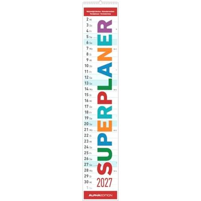 Alpha SUPERPLANER 2027: Streifenkalender 17x85 cm mit viel Platz für Notizen, Schulferien, Feiertagen & Mondphasen Wandkalender für Haushalt, Familie & Büro Alpha SUPERPLANER 2027: Streifenkalender 17x85 cm mit viel Platz für Notizen, Schulferien, Feiertagen & Mondphasen Wandkalender für Haushalt, Familie & Büro