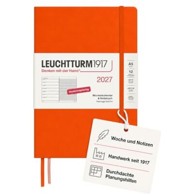 LEUCHTTURM1917 Wochenkalender 2027 Medium (A5) mit Notizbuch Terminplaner Deutsch, Pumpkin, Januar-Dezember 2027, Wochenübersicht links + Notizseite rechts LEUCHTTURM1917 Wochenkalender 2027 Medium (A5) mit Notizbuch Terminplaner Deutsch, Pumpkin, Januar-Dezember 2027, Wochenübersicht links + Notizseite rechts