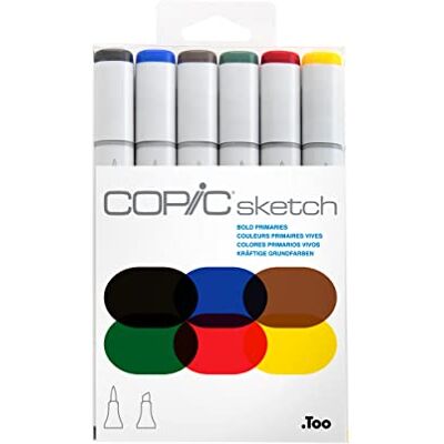 Copic Sketch Set "Bold Primaries", 6 Twin Marker mit einer mittelbreiten und einer Brush-Spitze Copic Sketch Set "Bold Primaries", 6 Twin Marker mit einer mittelbreiten und einer Brush-Spitze