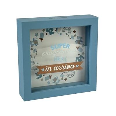 Creative Dekorative Spardose mit blauem Rahmen, 16 x 16 cm, Design in Ankunft mit Babymotiven Creative Dekorative Spardose mit blauem Rahmen, 16 x 16 cm, Design in Ankunft mit Babymotiven