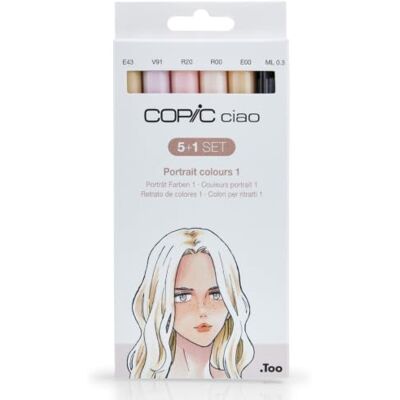 Copic Ciao 5+1 Set "Portrait Colours 1", 5 Twin Marker mit einer mittelbreiten und einer Brush-Spitze, inkl. Multiliner Black 0,3 mm Copic Ciao 5+1 Set "Portrait Colours 1", 5 Twin Marker mit einer mittelbreiten und einer Brush-Spitze, inkl. Multiliner Black 0,3 mm