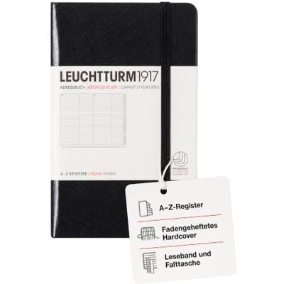 LEUCHTTURM1917 316927 Adressbuch, Hardcover, Schwarz, Pocket (A6) 128 nummerierte Seiten, Leseband, Verschlussgummi, Falttasche, Beschriftungsschilder LEUCHTTURM1917 316927 Adressbuch, Hardcover, Schwarz, Pocket (A6) 128 nummerierte Seiten, Leseband, Verschlussgummi, Falttasche, Beschriftungsschilder