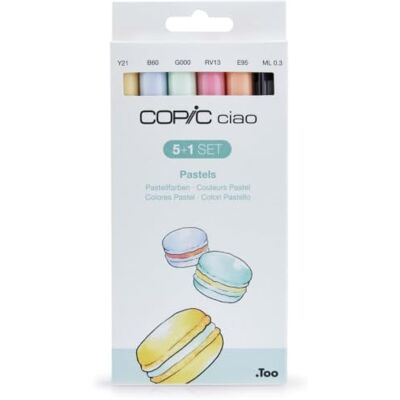 Copic Ciao Marker 5+1 Set "Pastellfarben", 5 Allround-Layoutmarker mit einer mittelbreiten und einer Brush-Spitze, inkl. 1 Multiliner 0,3 mm Copic Ciao Marker 5+1 Set "Pastellfarben", 5 Allround-Layoutmarker mit einer mittelbreiten und einer Brush-Spitze, inkl. 1 Multiliner 0,3 mm
