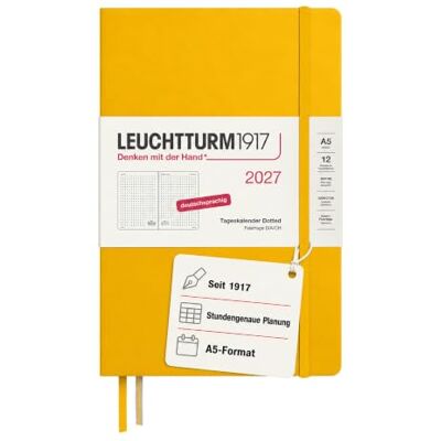 LEUCHTTURM1917 Tageskalender 2027 Dotted Medium (A5) Deutsch, Sunflower, 145 x 210 mm, Januar-Dezember (12 Monate), 1 Seite pro Tag, Stundenraster 7:00-22:00, Hardcover, 80 g/m² Papier LEUCHTTURM1917 Tageskalender 2027 Dotted Medium (A5) Deutsch, Sunflower, 145 x 210 mm, Januar-Dezember (12 Monate), 1 Seite pro Tag, Stundenraster 7:00-22:00, Hardcover, 80 g/m² Papier