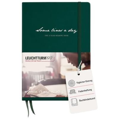 LEUCHTTURM1917 370346 Some lines a day, 5-Jahres-Buch Medium (A5), Forest Green 5-Jahres-Rückschau, 365 Seiten, Fadenheftung, 2 Lesezeichen, Falttasche, Sticker-Set, säurefreies Papier LEUCHTTURM1917 370346 Some lines a day, 5-Jahres-Buch Medium (A5), Forest Green 5-Jahres-Rückschau, 365 Seiten, Fadenheftung, 2 Lesezeichen, Falttasche, Sticker-Set, säurefreies Papier