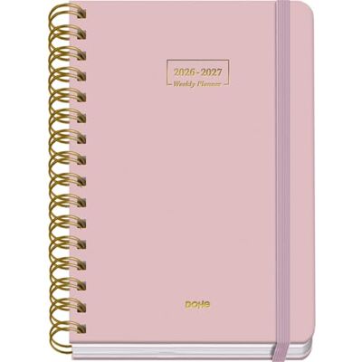 DOHE Schülerkalender 2026 2027 SEP bis JUN, Tag pro Seite, A5 (15x21 cm), Weicher Hardcover-Einband, Doppelspirale, Verschluss mit Gummiband, 2 Seiten Aufkleber, Spanisch und Englisch Rosa DOHE Schülerkalender 2026 2027 SEP bis JUN, Tag pro Seite, A5 (15x21 cm), Weicher Hardcover-Einband, Doppelspirale, Verschluss mit Gummiband, 2 Seiten Aufkleber, Spanisch und Englisch Rosa