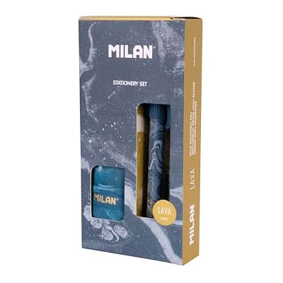 MILAN ® Geschenkbox, Serie Lava, mit Kugelschreiber P1, Druckbleistift PL1 0,5 mm HB und Spitzer, Blau MILAN ® Geschenkbox, Serie Lava, mit Kugelschreiber P1, Druckbleistift PL1 0,5 mm HB und Spitzer, Blau