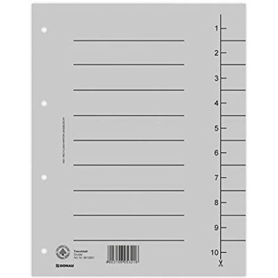 DONAU 8610001-13 100er Pack Trennblätter, Farbe: Grau/ Karton-Register überbreit Aus Recycling-Karton 250 g/qm mit Linienaufdruck für DIN A4 4-Fach Lochung Trennlaschen Trennblätter Ordner Register DONAU 8610001-13 100er Pack Trennblätter, Farbe: Grau/ Karton-Register überbreit Aus Recycling-Karton 250 g/qm mit Linienaufdruck für DIN A4 4-Fach Lochung Trennlaschen Trennblätter Ordner Register