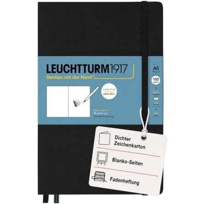 LEUCHTTURM1917 Skizzenbuch Medium A5, Hardcover, blanko, Schwarz 150 g/m² Zeichenkarton, 112 Seiten, säurefrei, Fadenheftung, Falttasche, Leseband, Verschlussgummi LEUCHTTURM1917 Skizzenbuch Medium A5, Hardcover, blanko, Schwarz 150 g/m² Zeichenkarton, 112 Seiten, säurefrei, Fadenheftung, Falttasche, Leseband, Verschlussgummi