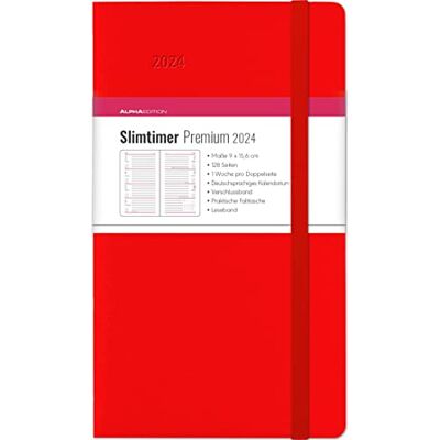 Alpha Slimtimer Premium Red 2024 Taschen-Kalender 9x15,6 cm mit Verschlussband & Falttasche Balacron Einband Weekly 128 Seiten Alpha Slimtimer Premium Red 2024 Taschen-Kalender 9x15,6 cm mit Verschlussband & Falttasche Balacron Einband Weekly 128 Seiten