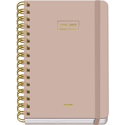 DOHE Schülerkalender 2026 2027 SEP bis JUN, Wochenübersicht, A5 (15x21 cm), Weicher Hardcover-Einband, Doppelspirale, Verschluss mit Gummiband, 2 Seiten Aufkleber, Spanisch und Englisch Beige DOHE Schülerkalender 2026 2027 SEP bis JUN, Wochenübersicht, A5 (15x21 cm), Weicher Hardcover-Einband, Doppelspirale, Verschluss mit Gummiband, 2 Seiten Aufkleber, Spanisch und Englisch Beige