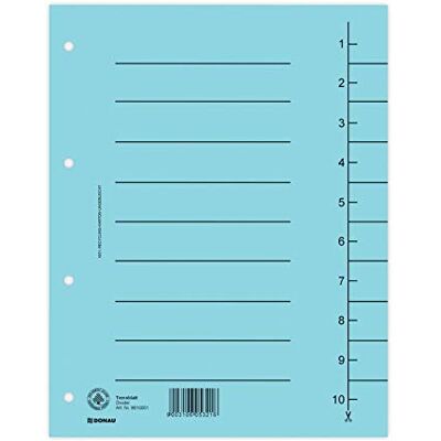 DONAU 8610001-10 100er Pack Trennblätter, Farbe: Blau/ Karton-Register überbreit Aus Recycling-Karton 250 g/qm mit Linienaufdruck für DIN A4 4-Fach Lochung Trennlaschen Trennblätter Ordner Register DONAU 8610001-10 100er Pack Trennblätter, Farbe: Blau/ Karton-Register überbreit Aus Recycling-Karton 250 g/qm mit Linienaufdruck für DIN A4 4-Fach Lochung Trennlaschen Trennblätter Ordner Register