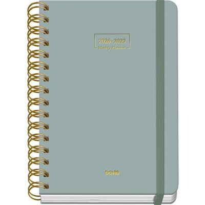 DOHE Schülerkalender 2026 2027 SEP bis JUN, Tag pro Seite, A5 (15x21 cm), Weicher Hardcover-Einband, Doppelspirale, Verschluss mit Gummiband, 2 Seiten Aufkleber, Spanisch und Englisch Grün DOHE Schülerkalender 2026 2027 SEP bis JUN, Tag pro Seite, A5 (15x21 cm), Weicher Hardcover-Einband, Doppelspirale, Verschluss mit Gummiband, 2 Seiten Aufkleber, Spanisch und Englisch Grün