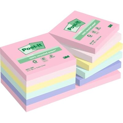 Post-it Recycling Notes, Assortierte Farben, Packung mit 12 Blöcken, 100 Blatt pro Block, 76 mm x 76 mm, Farben: Grün, Pink, Gelb, Blau Selbstklebende Notizzettel aus 100% Recyclingpapier Post-it Recycling Notes, Assortierte Farben, Packung mit 12 Blöcken, 100 Blatt pro Block, 76 mm x 76 mm, Farben: Grün, Pink, Gelb, Blau Selbstklebende Notizzettel aus 100% Recyclingpapier