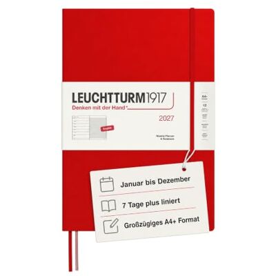 LEUCHTTURM1917 Wochenkalender 2027 A4+ (Master) mit Notizbuch, liniert Terminplaner Englisch, Cherry, Hardcover, 225 x 315 mm, Januar-Dezember 2027, Wochenübersicht links + Notizseite rechts LEUCHTTURM1917 Wochenkalender 2027 A4+ (Master) mit Notizbuch, liniert Terminplaner Englisch, Cherry, Hardcover, 225 x 315 mm, Januar-Dezember 2027, Wochenübersicht links + Notizseite rechts