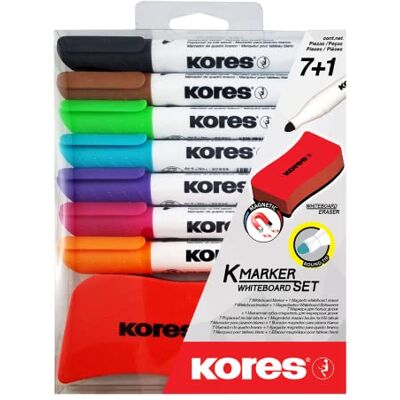 Kores K-Marker XW1: farbige Whiteboard-Marker mit Rundspitze, trocken abwischbar und geruchsarmer Tinte, Schul- und Bürobedarf, Set mit 7 verschiedenen Farben und 1 Magnetradierer Kores K-Marker XW1: farbige Whiteboard-Marker mit Rundspitze, trocken abwischbar und geruchsarmer Tinte, Schul- und Bürobedarf, Set mit 7 verschiedenen Farben und 1 Magnetradierer