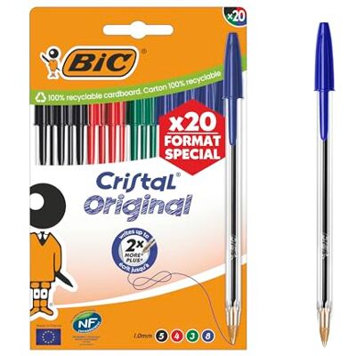 BIC Cristal Original-Kugelschreiber mit mittlerer Spitze (1,00 mm), verschiedene Tintenfarben, 20 Stück BIC Cristal Original-Kugelschreiber mit mittlerer Spitze (1,00 mm), verschiedene Tintenfarben, 20 Stück