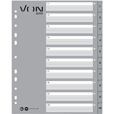 Leitz VON 10er Pack Zahlen-Register A4, 1-10 nummerierte Trennblätter für Ordner, PP, Extra breit, 11-Loch-Universalregister für Schnellhefter & Ringbücher,Grau, 12660085 Leitz VON 10er Pack Zahlen-Register A4, 1-10 nummerierte Trennblätter für Ordner, PP, Extra breit, 11-Loch-Universalregister für Schnellhefter & Ringbücher,Grau, 12660085