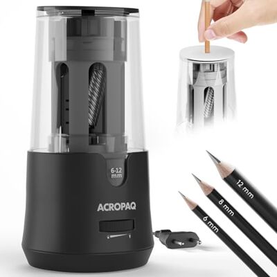 ACROPAQ Elektrischer Bleistiftspitzer für 6-12 mm Bleistifte, scharfe und stumpfe Spitze, feine Spitze in 3-5 Sekunden, Schwarz, Bleistiftspitzer mit Reservoir ACROPAQ Elektrischer Bleistiftspitzer für 6-12 mm Bleistifte, scharfe und stumpfe Spitze, feine Spitze in 3-5 Sekunden, Schwarz, Bleistiftspitzer mit Reservoir