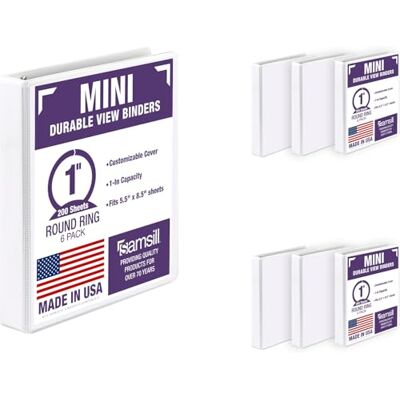 Samsill 3 Ring Mini View Binders, 1 Inch Round Ring, Customizable Clear View Cover, Junior Size 5.5 x 8.5 Inch, White, 6 Pack Samsill 3 Ring Mini View Binders, 1 Inch Round Ring, Customizable Clear View Cover, Junior Size 5.5 x 8.5 Inch, White, 6 Pack