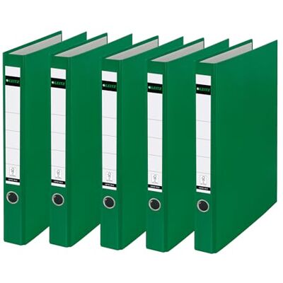 Leitz Plastik-Ringordner ohne Schlitze A4, 5er Pack, Grün, 3,5 cm Rückenbreite, PP-laminierter Einband, 10140055 Leitz Plastik-Ringordner ohne Schlitze A4, 5er Pack, Grün, 3,5 cm Rückenbreite, PP-laminierter Einband, 10140055