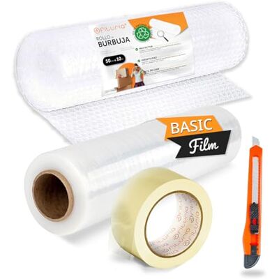 OFITURIA Klebeband, transparente Verpackungsfolie, Luftpolsterfolie und Cutter für den Versand und Schutz von Kartons und Möbeln, Komplettes Verpackungsset, Ideal Umzüge und Lieferungen (Kit Total) OFITURIA Klebeband, transparente Verpackungsfolie, Luftpolsterfolie und Cutter für den Versand und Schutz von Kartons und Möbeln, Komplettes Verpackungsset, Ideal Umzüge und Lieferungen (Kit Total)