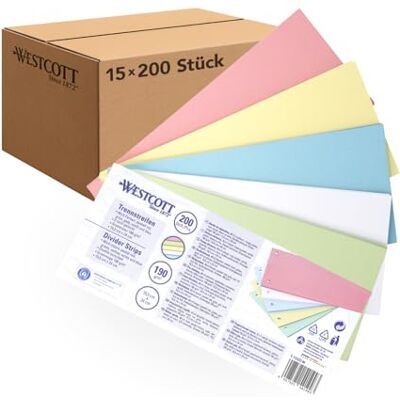 Westcott Trennstreifen 200 Stück Pastellfarben Mix (15er-Pack) Robuste Heftstreifen 190g/m² für A4 Ordner Trennblätter 10,5 x 24 cm Register 2-fach-Lochung für DIN-A4 Dokumente E-733322 00 Westcott Trennstreifen 200 Stück Pastellfarben Mix (15er-Pack) Robuste Heftstreifen 190g/m² für A4 Ordner Trennblätter 10,5 x 24 cm Register 2-fach-Lochung für DIN-A4 Dokumente E-733322 00