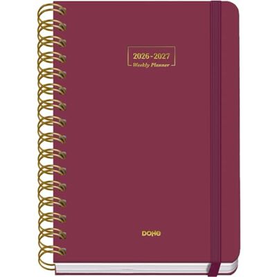 DOHE Schülerkalender 2026 2027 SEP bis JUN, Wochenübersicht, A5 (15x21 cm), Weicher Hardcover-Einband, Doppelspirale, Verschluss mit Gummiband, 2 Seiten Aufkleber, Spanisch und Englisch Bordeaux DOHE Schülerkalender 2026 2027 SEP bis JUN, Wochenübersicht, A5 (15x21 cm), Weicher Hardcover-Einband, Doppelspirale, Verschluss mit Gummiband, 2 Seiten Aufkleber, Spanisch und Englisch Bordeaux