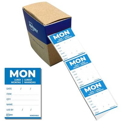 Avery ablösbare Lebensmittel-Tagesetiketten Montag (blau 40 x 56 mm 500 Aufkleber auf Rolle 5-sprachig HACCP-konform) DLDMONREV-500 Avery ablösbare Lebensmittel-Tagesetiketten Montag (blau 40 x 56 mm 500 Aufkleber auf Rolle 5-sprachig HACCP-konform) DLDMONREV-500