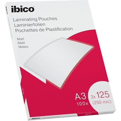 Ibico Laminierfolien A3 Matt 250 Mikron (2 x 125 mic), 100 Stück, Beschriftbare Heißlaminierfolien, Abgerundete Ecken, Ideal für Schule oder Büro, 627324 Ibico Laminierfolien A3 Matt 250 Mikron (2 x 125 mic), 100 Stück, Beschriftbare Heißlaminierfolien, Abgerundete Ecken, Ideal für Schule oder Büro, 627324