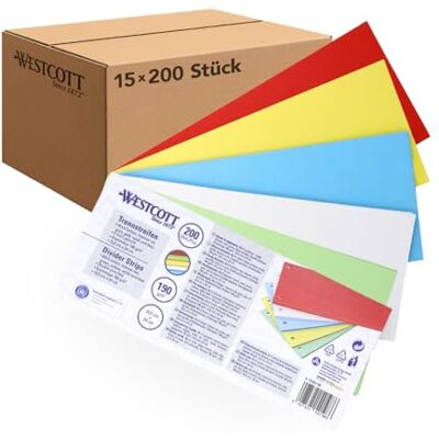 Westcott Trennstreifen 200 Stück Intensivfarben Mix (15er-Pack) Robuste Heftstreifen 190g/m² für A4 Ordner Trennblätter 10,5 x 24 cm Register 2-fach-Lochung für DIN-A4 Dokumente E-733321 00 Westcott Trennstreifen 200 Stück Intensivfarben Mix (15er-Pack) Robuste Heftstreifen 190g/m² für A4 Ordner Trennblätter 10,5 x 24 cm Register 2-fach-Lochung für DIN-A4 Dokumente E-733321 00
