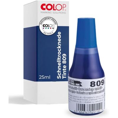 COLOP schnelltrocknende Stempelfarbe 809 Blau 25 ml lösungsmittelbasierend nur für Lasergummi-Textplatten dokumentenechte Farbe nach ISO 14145-2 COLOP schnelltrocknende Stempelfarbe 809 Blau 25 ml lösungsmittelbasierend nur für Lasergummi-Textplatten dokumentenechte Farbe nach ISO 14145-2