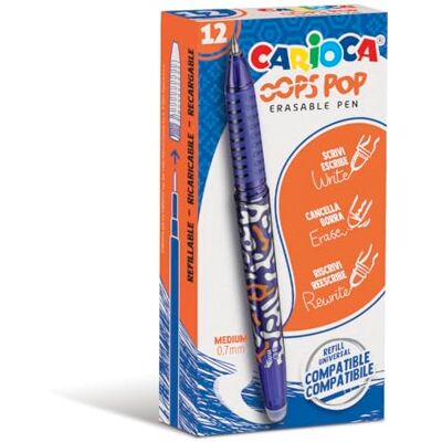 CARIOCA Oops Pop radierbare Stifte blau 12 Stück Set löschbare nachfüllbare Stifte für Schule und Büro mit Kapuze, doppeltem Gummi und ergonomischem Griff, blaue Stifte, 12 Stück CARIOCA Oops Pop radierbare Stifte blau 12 Stück Set löschbare nachfüllbare Stifte für Schule und Büro mit Kapuze, doppeltem Gummi und ergonomischem Griff, blaue Stifte, 12 Stück