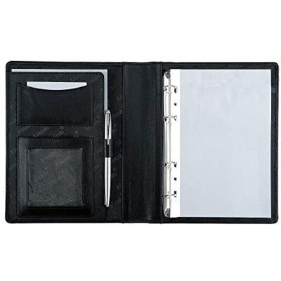 ALASSIO 30003-1 Ringbuchmappe BENACO A5, Ringmappe 23 x 18 x 3 cm, Schwarz Mappe aus schwarzem Lederimitat, Schreibmappe mit 4 Ringmechanik, 50 Blatt, Taschenrechner, Visitenkartenfach & Klarsichtfach ALASSIO 30003-1 Ringbuchmappe BENACO A5, Ringmappe 23 x 18 x 3 cm, Schwarz Mappe aus schwarzem Lederimitat, Schreibmappe mit 4 Ringmechanik, 50 Blatt, Taschenrechner, Visitenkartenfach & Klarsichtfach