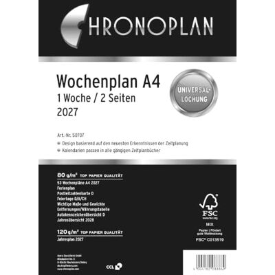 Chronoplan 50707 Kalendereinlage 2027 (Wochenplan A4 (210x297mm) Ersatzkalendarium für Terminplaner, ideal für detaillierte Wochenplanung, 1 Woche auf 2 Seiten in Spalten, mit Universallochung) weiß Chronoplan 50707 Kalendereinlage 2027 (Wochenplan A4 (210x297mm) Ersatzkalendarium für Terminplaner, ideal für detaillierte Wochenplanung, 1 Woche auf 2 Seiten in Spalten, mit Universallochung) weiß