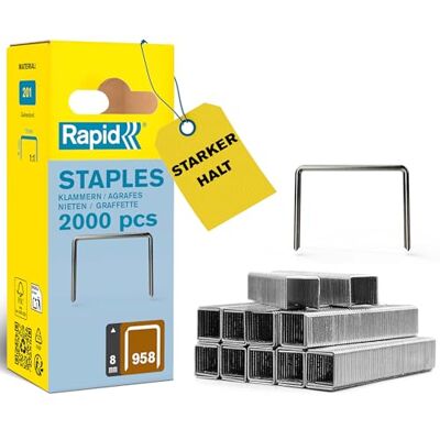 Rapid Tackerklammern Typ 958, 8 mm, Feindrahtklammern aus verzinktem Stahl, 2.000 Stück, für Esco und Novus Hand‑ und Elektrotacker Rapid Tackerklammern Typ 958, 8 mm, Feindrahtklammern aus verzinktem Stahl, 2.000 Stück, für Esco und Novus Hand‑ und Elektrotacker